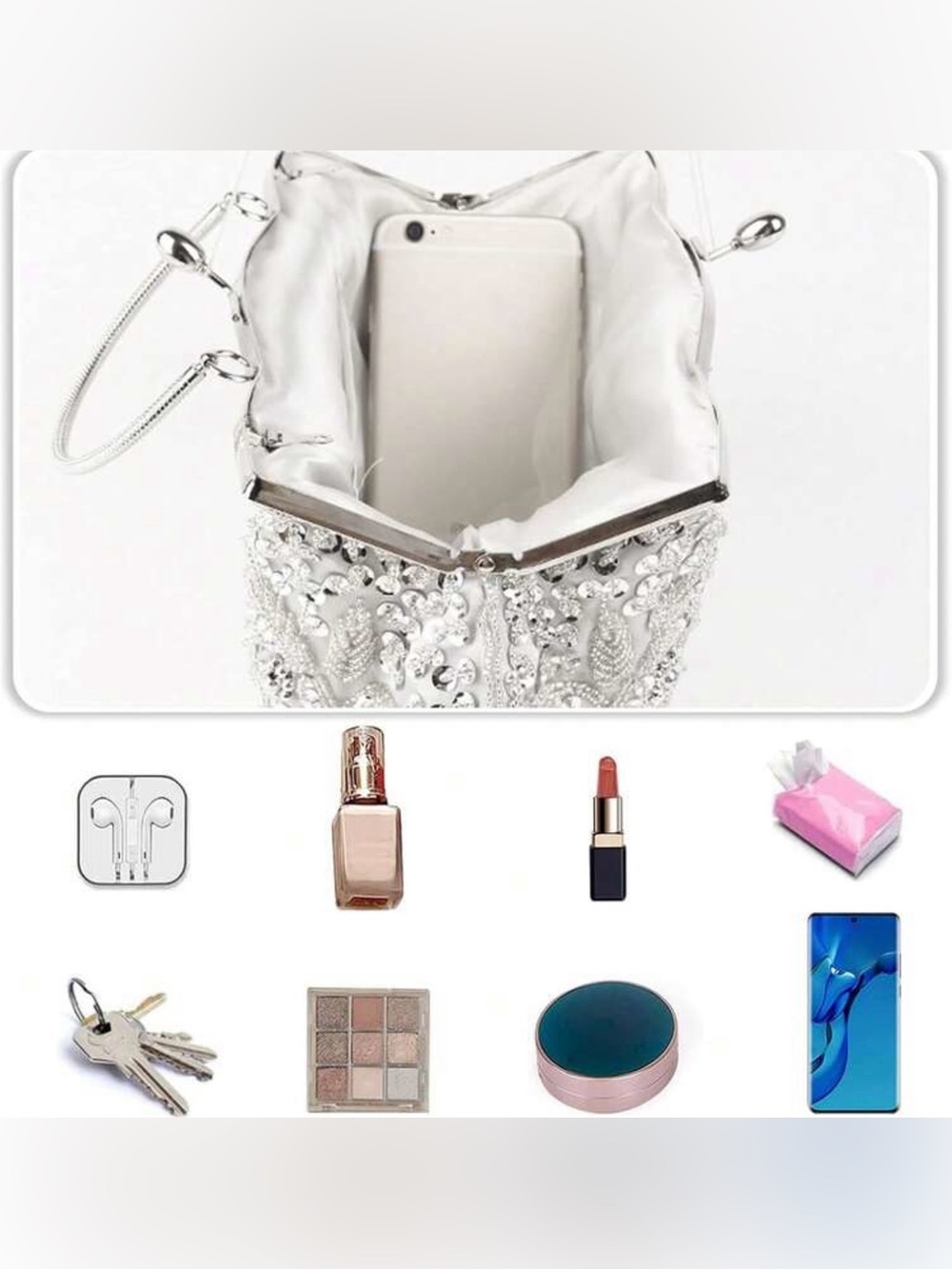 Silver beaded clutch prom wedding bag - Picture 5 of 7
